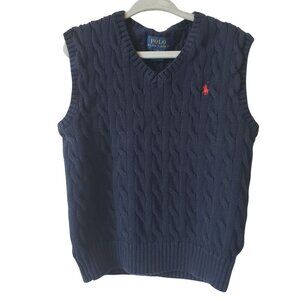 Polo Ralph Lauren Boys Kids Blue Cable Knit Sweater Vest Red Logo 6 Preppy